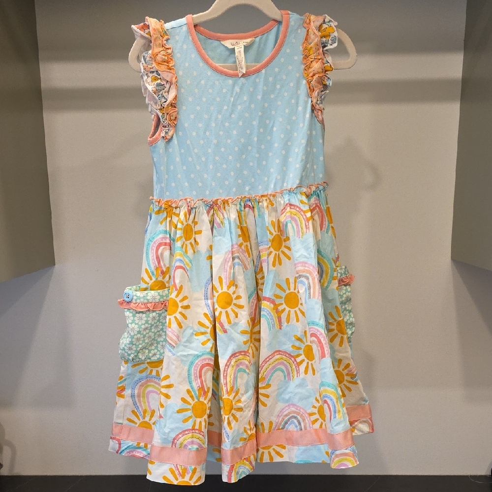 Matilda Jane Light Blue Sun & Rainbow Ruffle Dress with Pink Trim